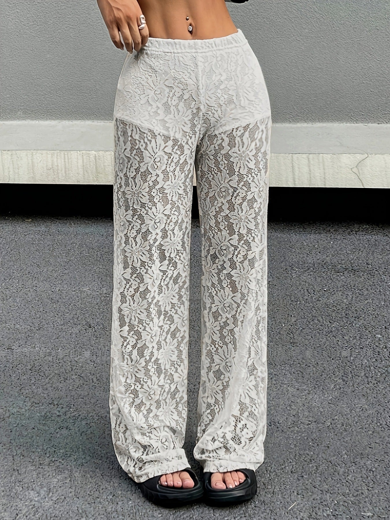 Jednokolorowa koronkowa talia z żakardu, lekko przezroczyste szwy, proste, codzienne spodnie